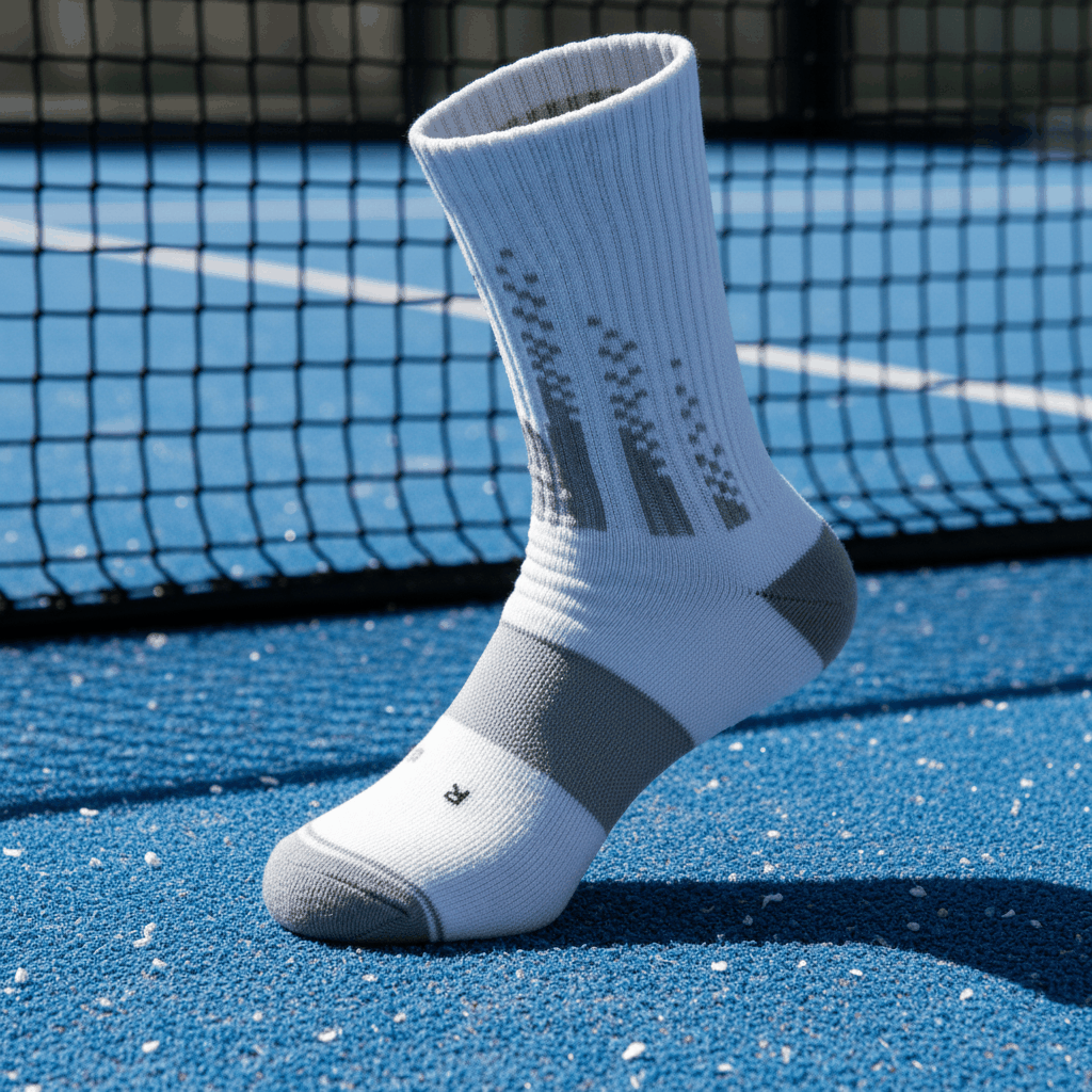 White and grey padel socks with reinforced padding and moisture-wicking technology on blue court background